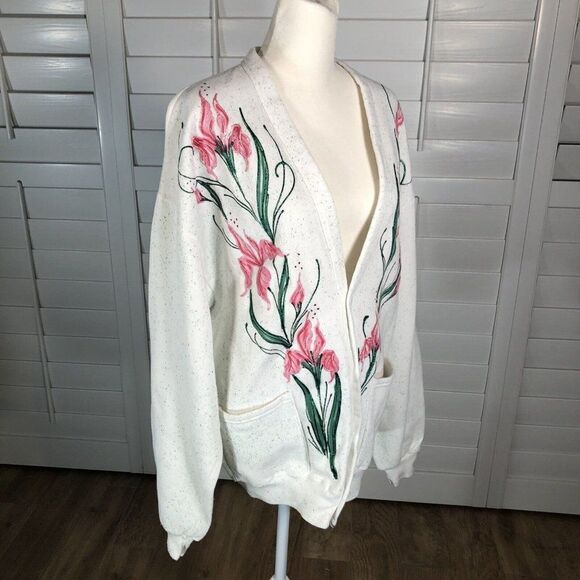Vtg 90s Jerzees White Sweatshirt Cardigan OS Large Hand Painted Pink Floral - Picture 10 of 11